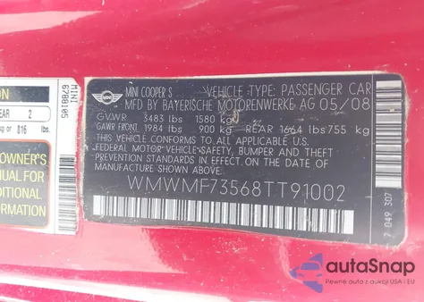 2008 Mini Cooper S from USA, damaged, VIN WMWMF73568TT91002